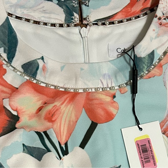 Calvin Klein BEAUTIFUL Printed Sheath w/Pearls At Neck(Seaspray Multi)Dress SZ10 - Picture 6 of 8